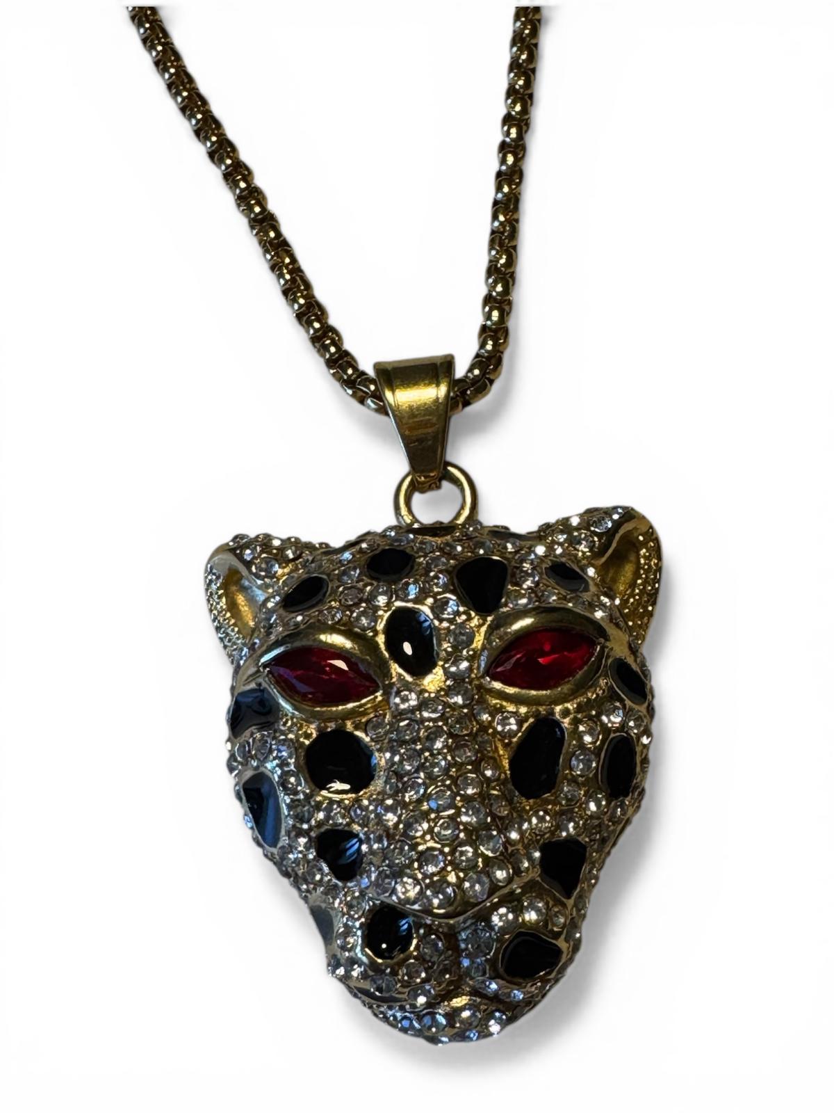 Leopard Head Pendant Necklace with Rhinestones 25 inch chain