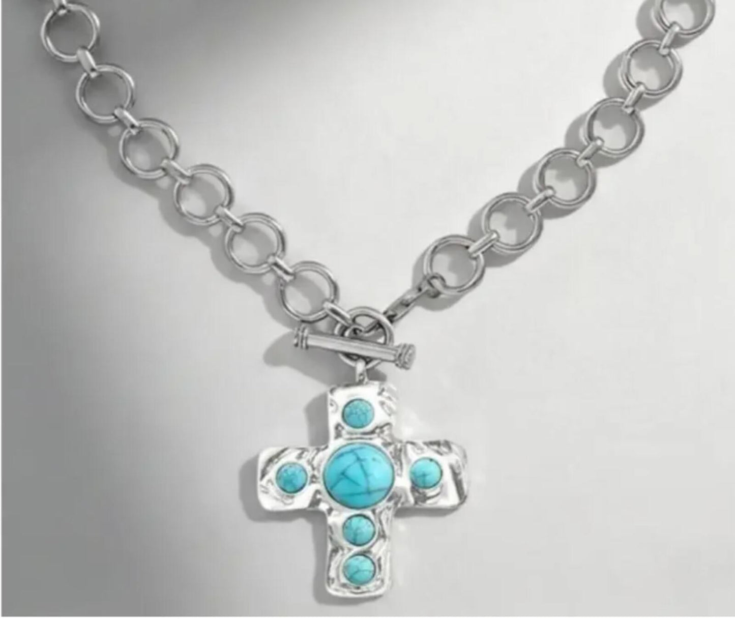 Silver Chain Necklace with Turquoise Cross Pendant