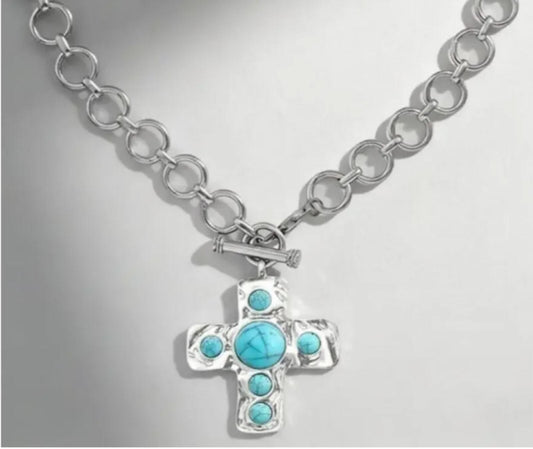 Silver Chain Necklace with Turquoise Cross Pendant