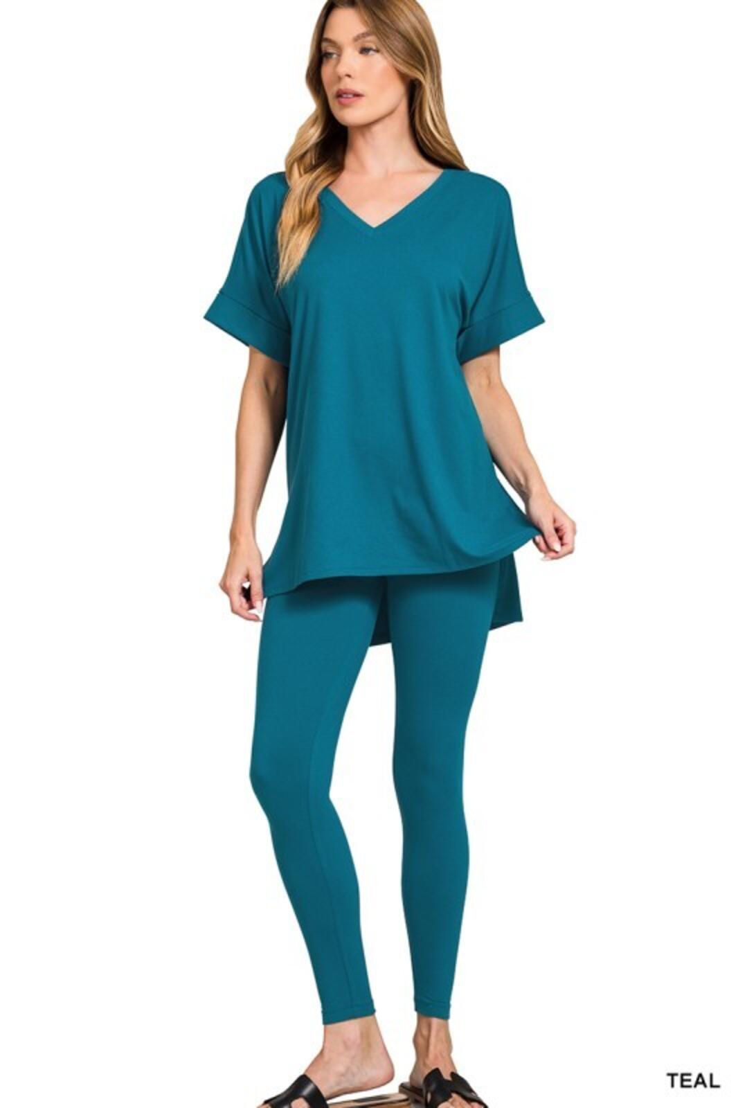 Zenana Teal Two-Piece V-Neck Top and Leggings Set