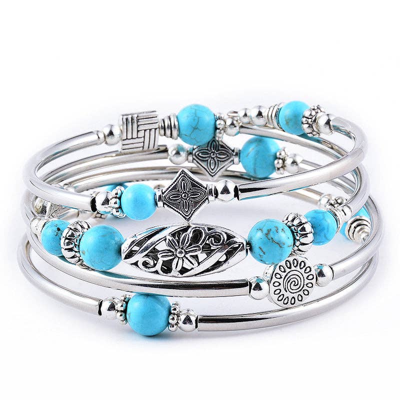 Natural Stone Wrap Beaded Bracelet Bangle: Turquoise