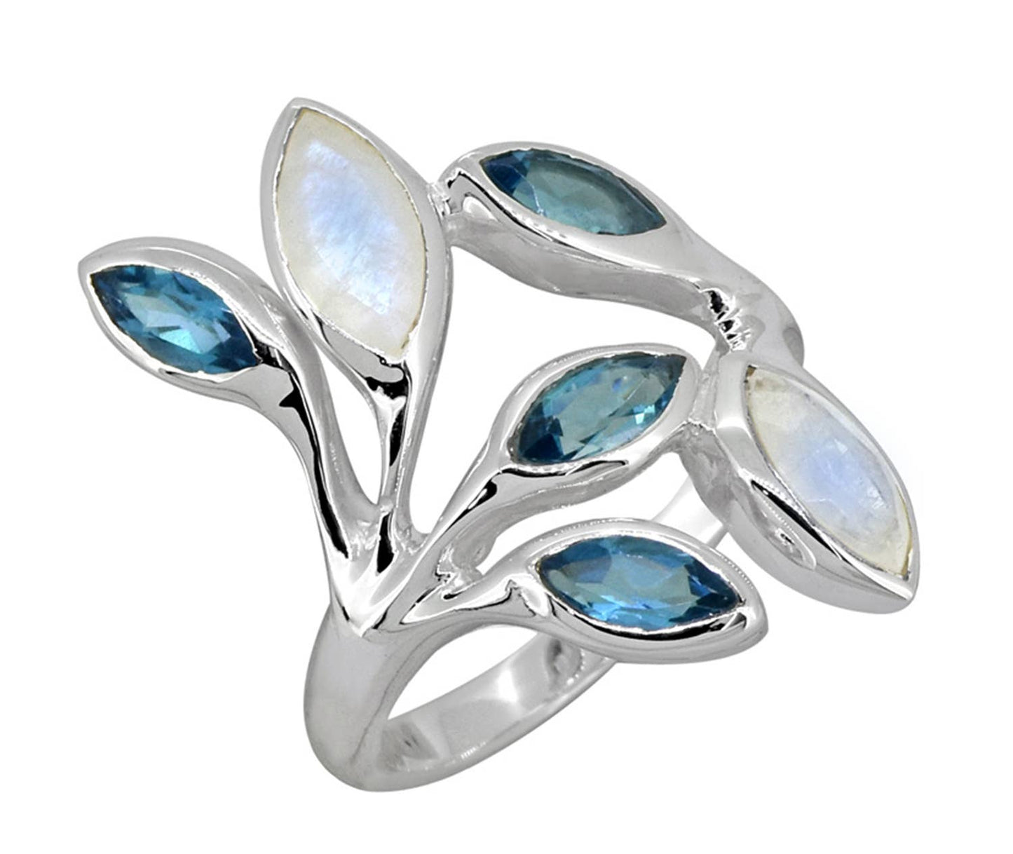 London Blue Topaz Moonstone 925 Sterling Silver Leaf Ring: 7