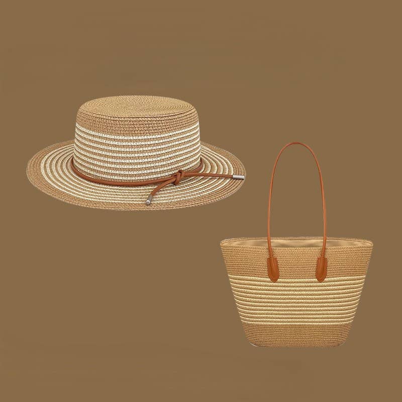 Beach Striped Straw Hat & Straw Tote Combo Set: A1 / M