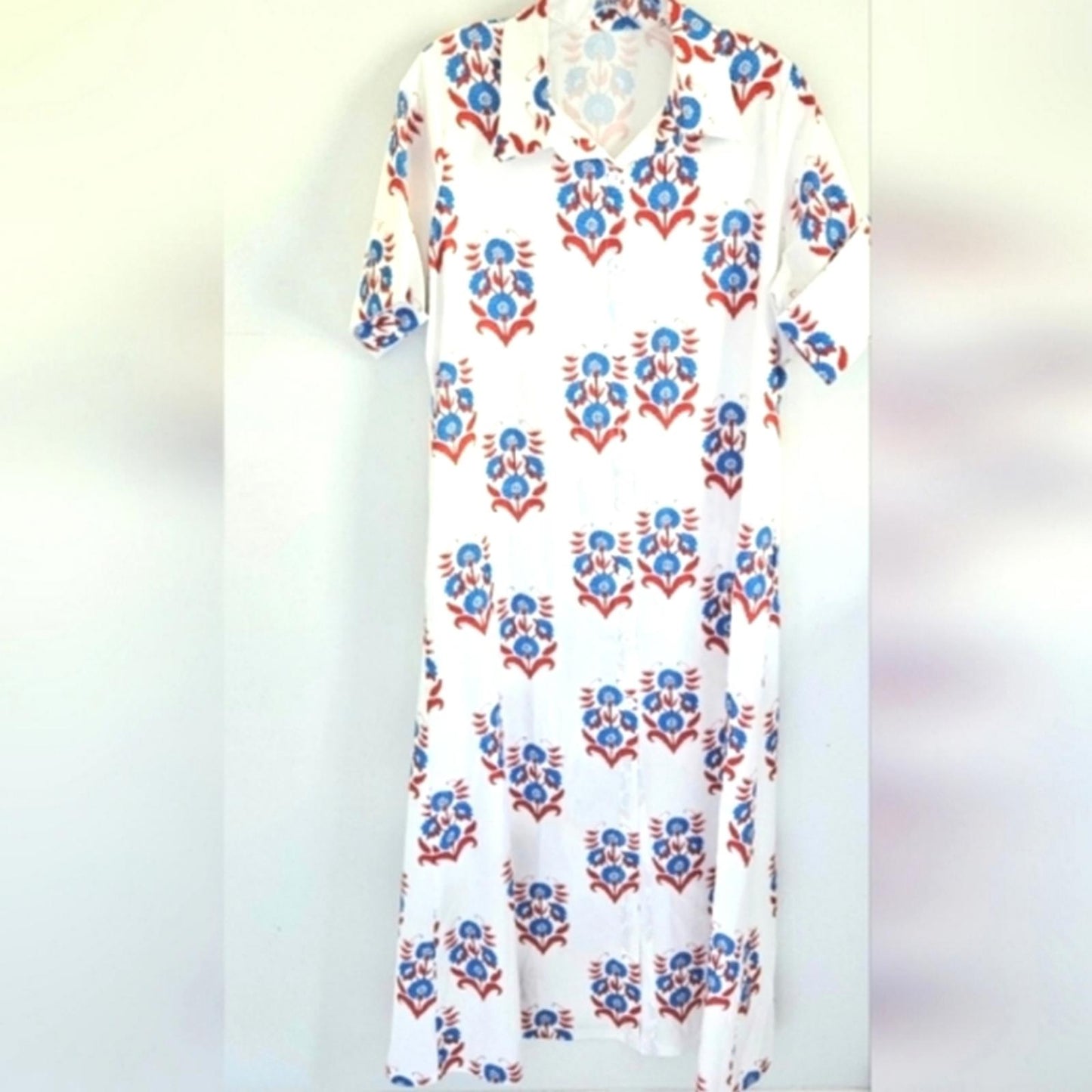 Folk art print red, white, blue maxi dress