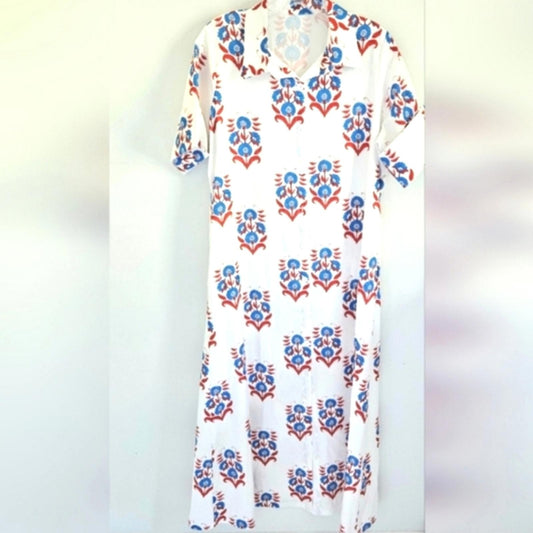 Folk art print red, white, blue maxi dress