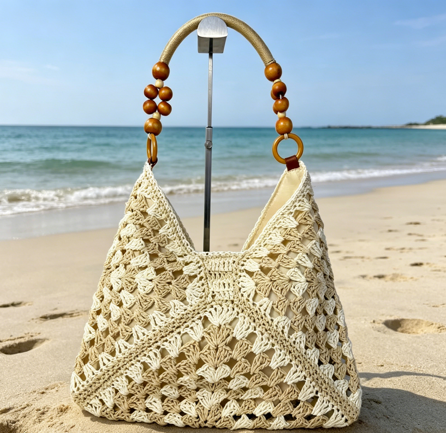 Crochet Straw Hobo Bag Bead Hollow Shoulder Bag: Khaki / M