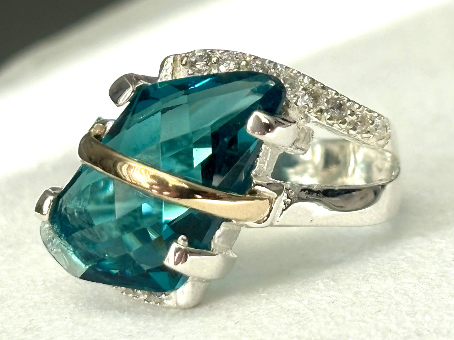 925 Sterling Silver Ring with 10K Gold Accents, aquamarine: 7