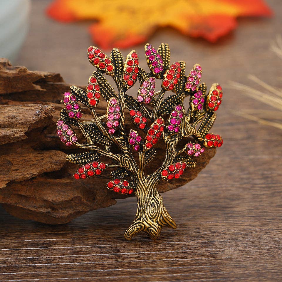 Fashion Pearl Crystal Tree of Life Brooch Creative Plant Vintage Rhinestone Pin: Large Champagne