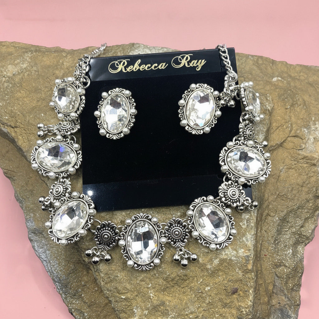 Rebecca Ray Vintage Style Clear Crystal Necklace & Earrings