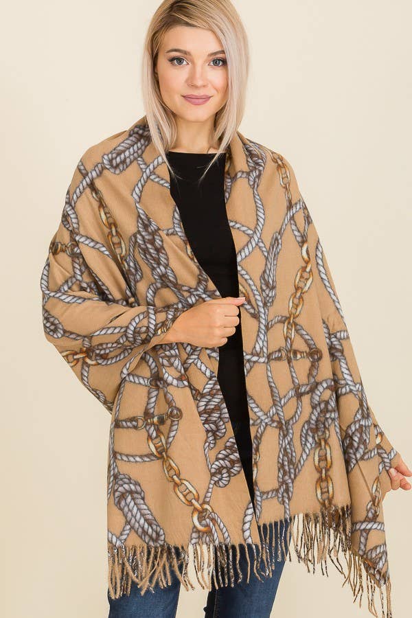 Chain and Rope Printed Cashmere Felt Fringed Scarves: Beige