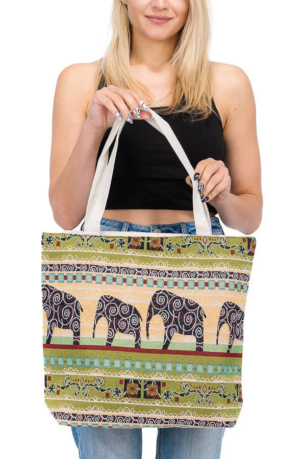 Boho Scenic Ethnic Lucky Elephant Woven Novelty Canvas Tote: Beige