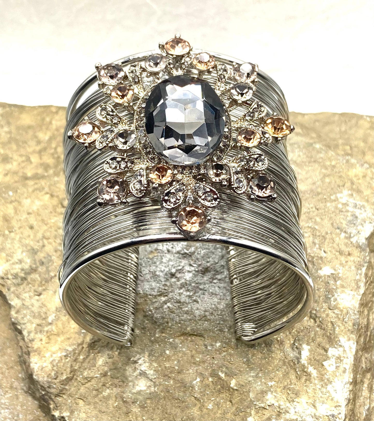 Boho Floral Cuff Statement Bracelet with Crystal Stone : Purple