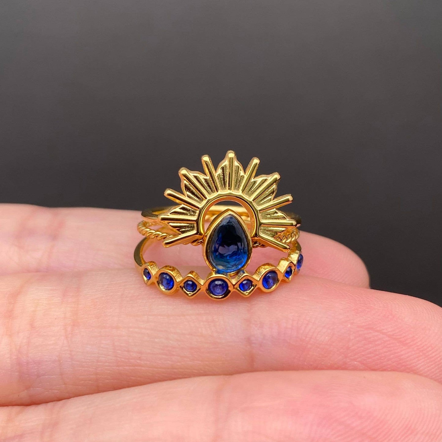 Blue Zircon 18K Gold Plated Stainless Steel Stack Ring - FGS