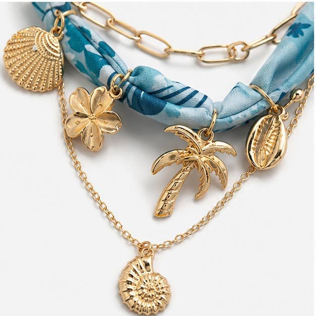 Starfish and Shell Charm Layered Scarf Necklace-7: A7
