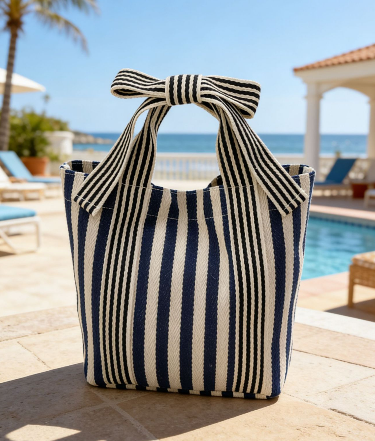 Striped Canvas Tote Bag Bow Handle Bag: Red / M