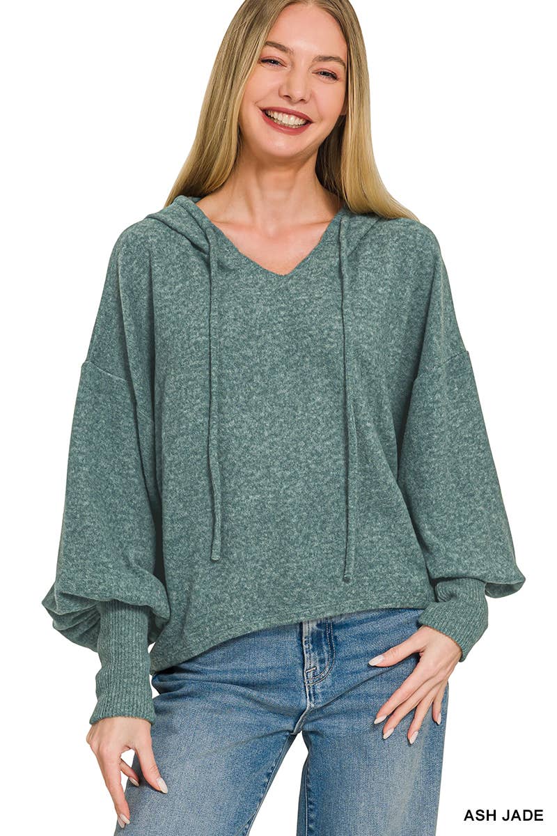 Soft Brushed Hacci Cropped Balloon Sleeve Hoodie Zenana: DUSTY BLUE-201630 / L/XL
