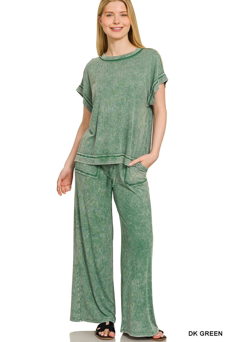 `Ribbed Washed Rayon Top & Pants Set Zenana: ASH MOCHA-186685 / L