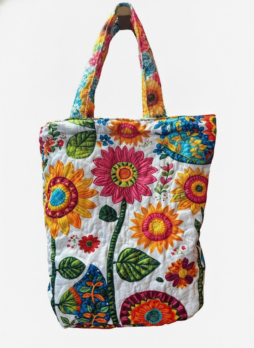 Handmade Quilted Floral Tote Bag with Colorful Sunflowers