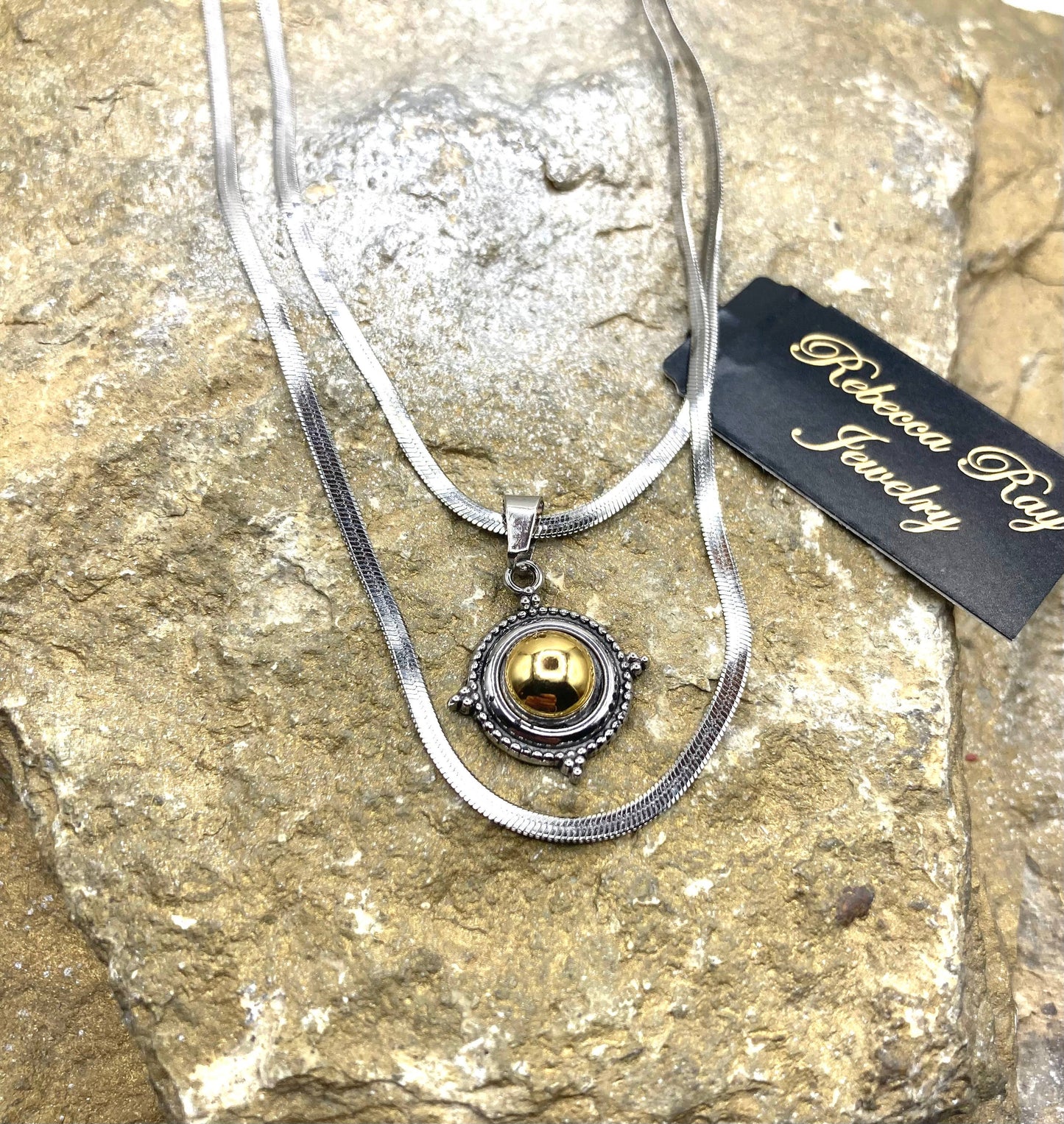 Boho Double Strand Necklace with Pendant Charm Drop: Silver