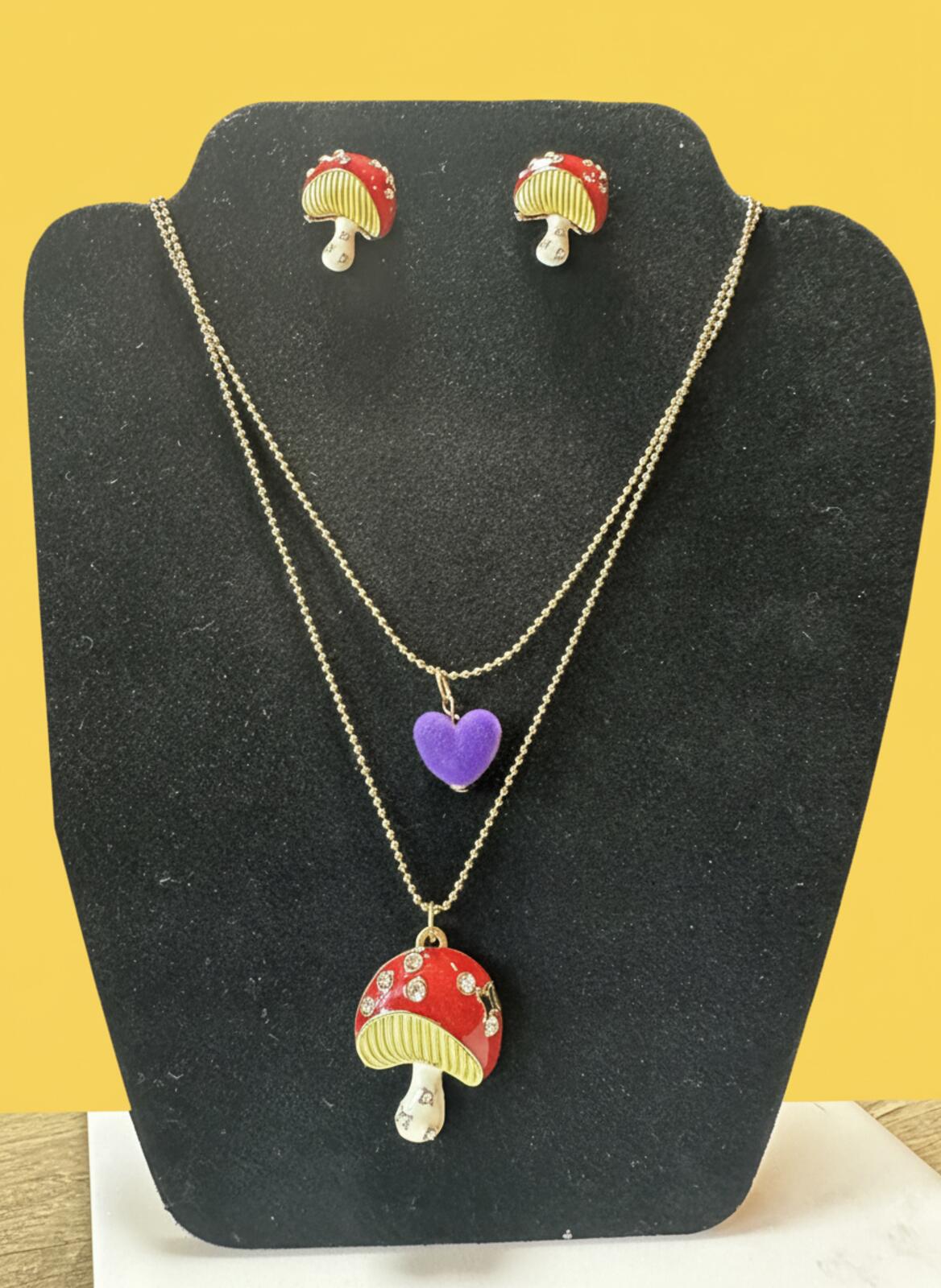 Betsey Johnson Mushroom Themed Necklace and Earrings Set