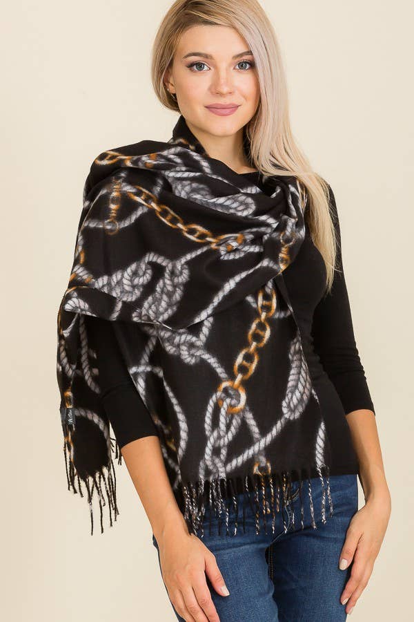 Chain and Rope Printed Cashmere Felt Fringed Scarves: Beige