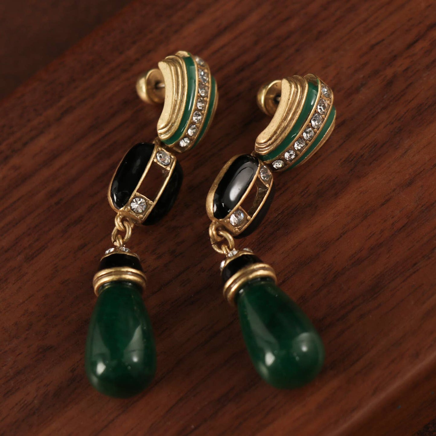 Vintage 18K Gold Plated Green Agate Enamel Dangle Earrings