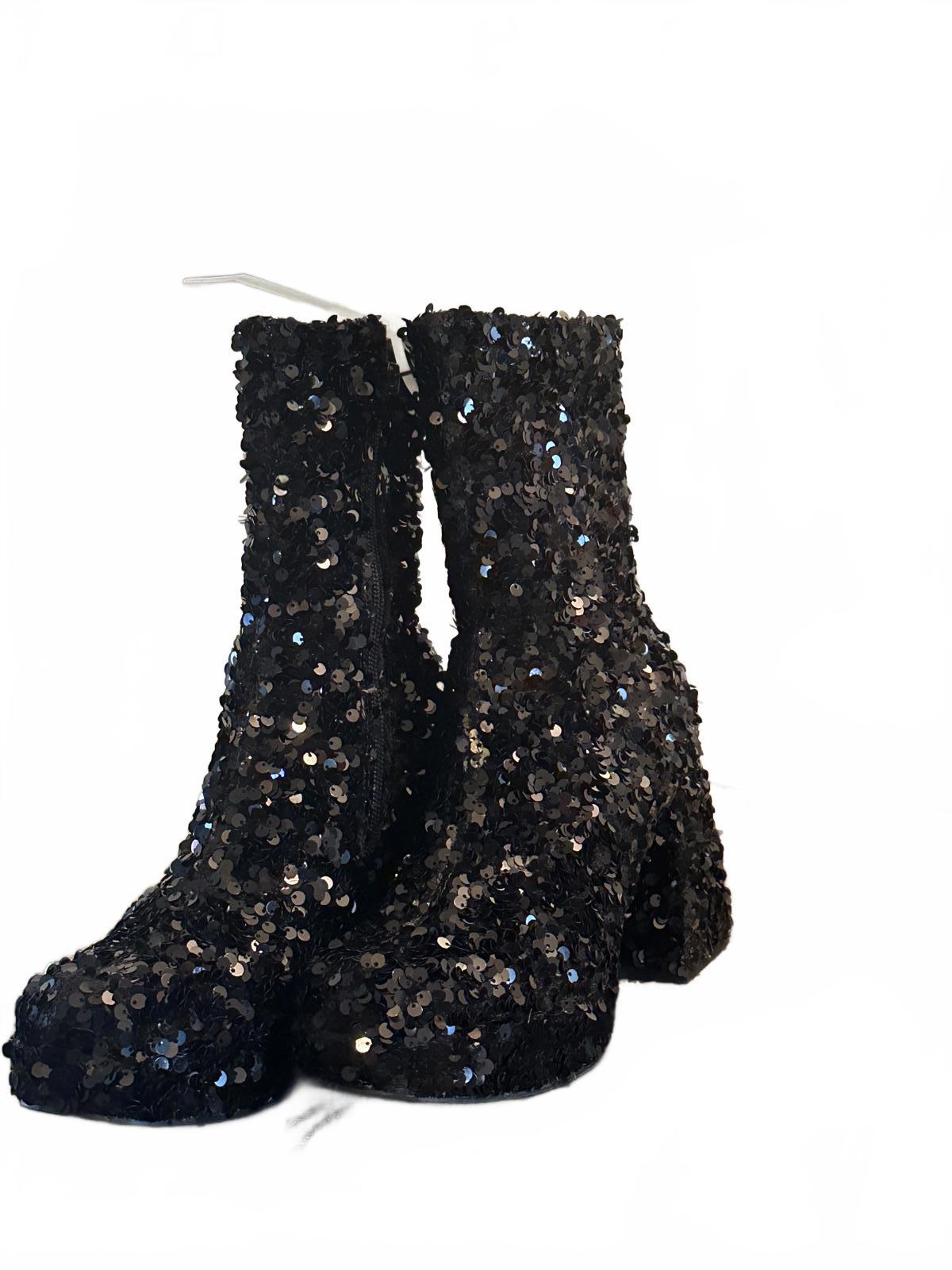 Black Sequin Women’s Ankle Boots Block Heel Size 6M