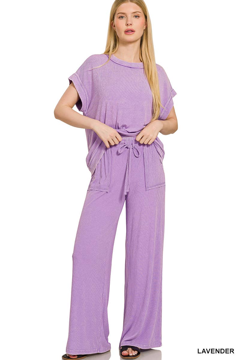 `Ribbed Washed Rayon Top & Pants Set Zenana: SLEET-186686 / M
