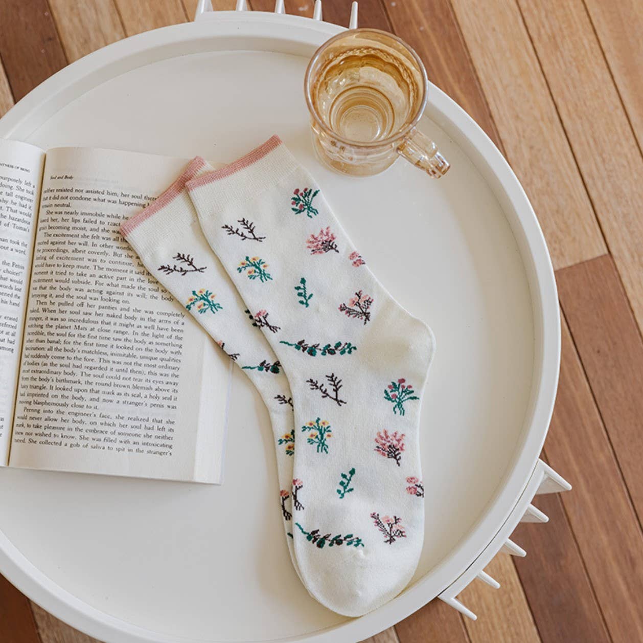 JCS015 White-Pink Floral Spring/Summer Socks: Assorted 4 pair per pack/ 1 pattern per pair/ min. 5 packs 20 pairs