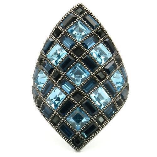 0W235 - Ruthenium Brass Ring with Top Grade Crystal  in Sea Blue: 6