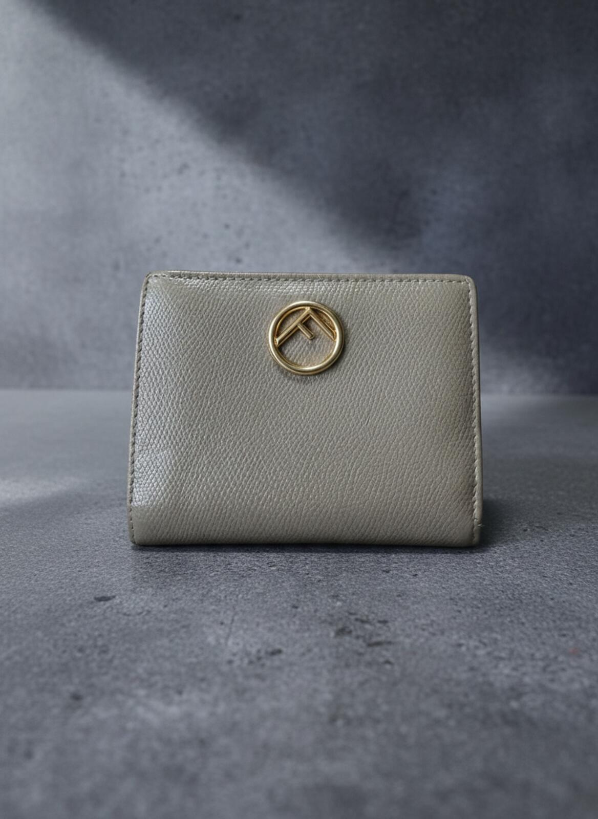 Fendi Gray Leather Card Holder Wallet with Gold Logo