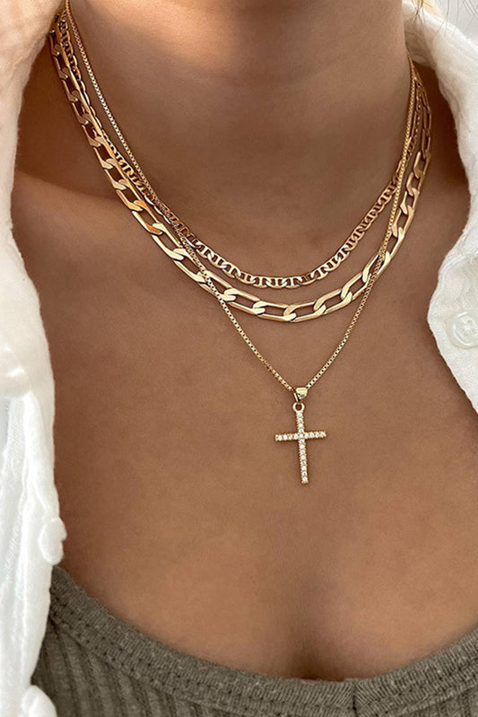 Plated Cross Pendant Multi Layer Stacked Chains Necklace: Gold / ONE SIZE