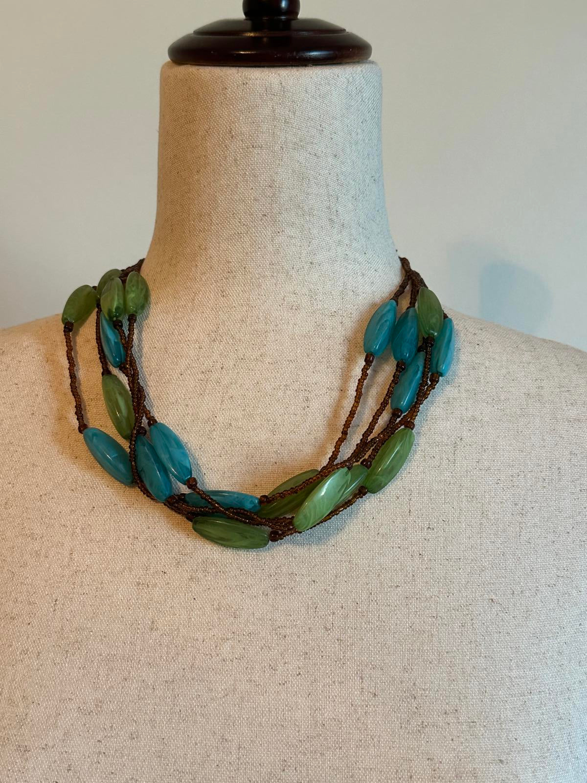 Multi-Strand Blue and Green Beaded Necklace