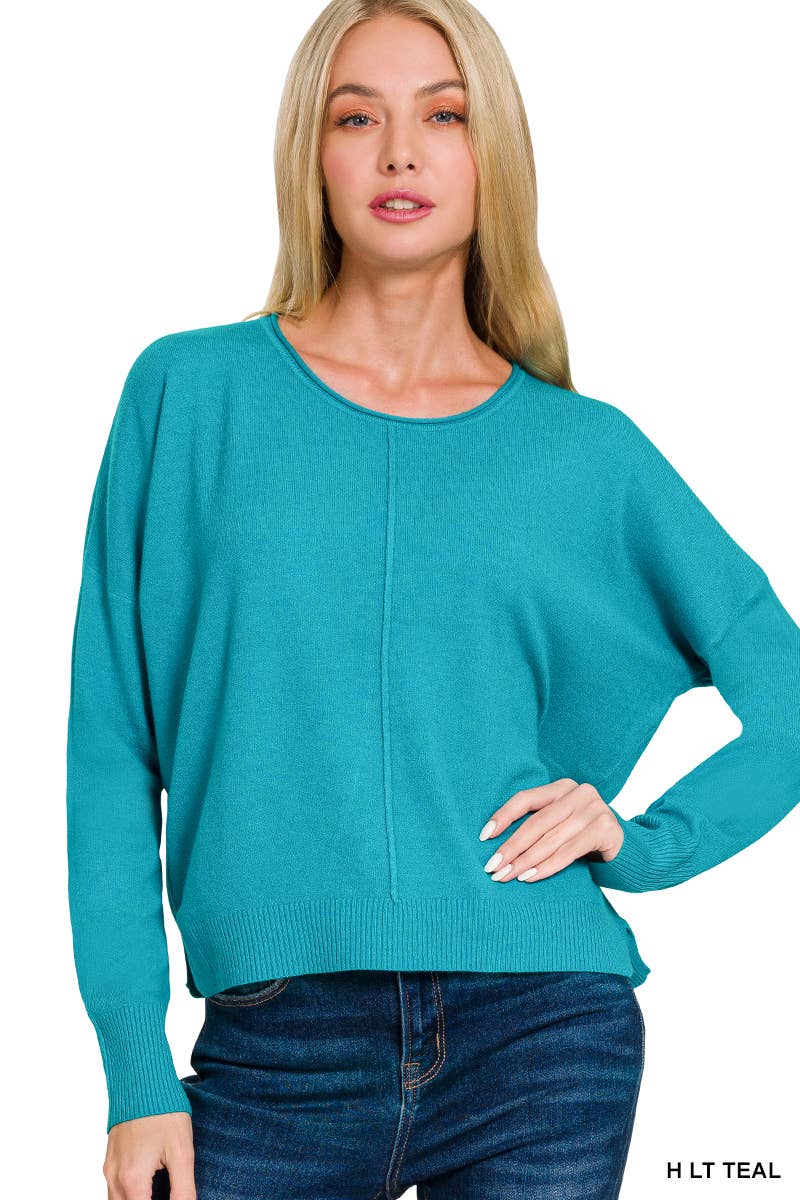 `Viscose Front Seam Round Neck Sweater Zenana: TURQUOISE-172357 / M
