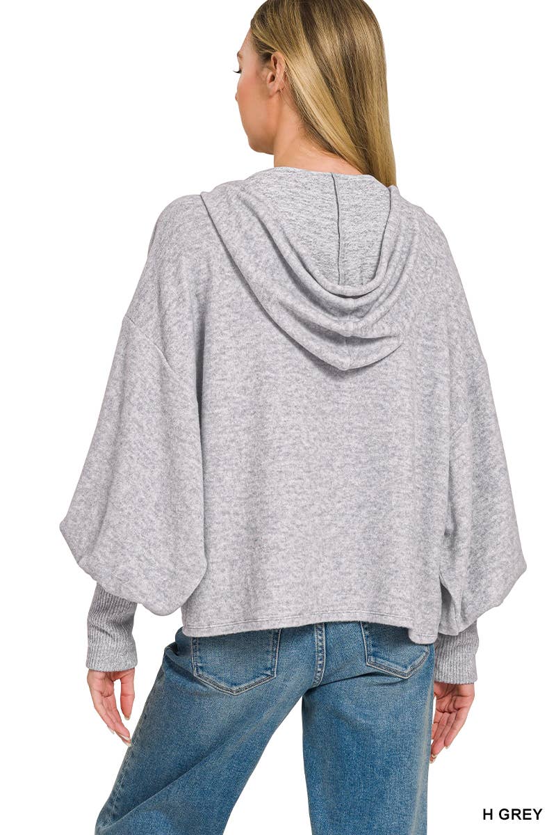 Soft Brushed Hacci Cropped Balloon Sleeve Hoodie Zenana: DUSTY BLUE-201630 / L/XL