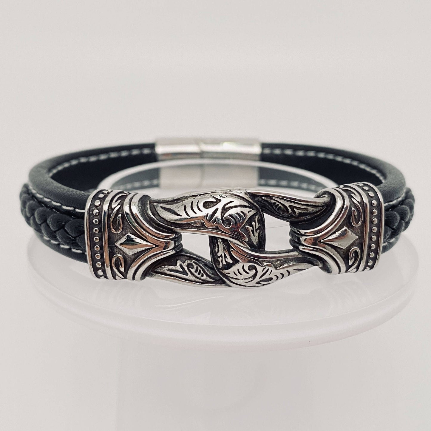 Men's Stainless Steel Carved Leather Viking Bracelet - MJ/BC: 24cm