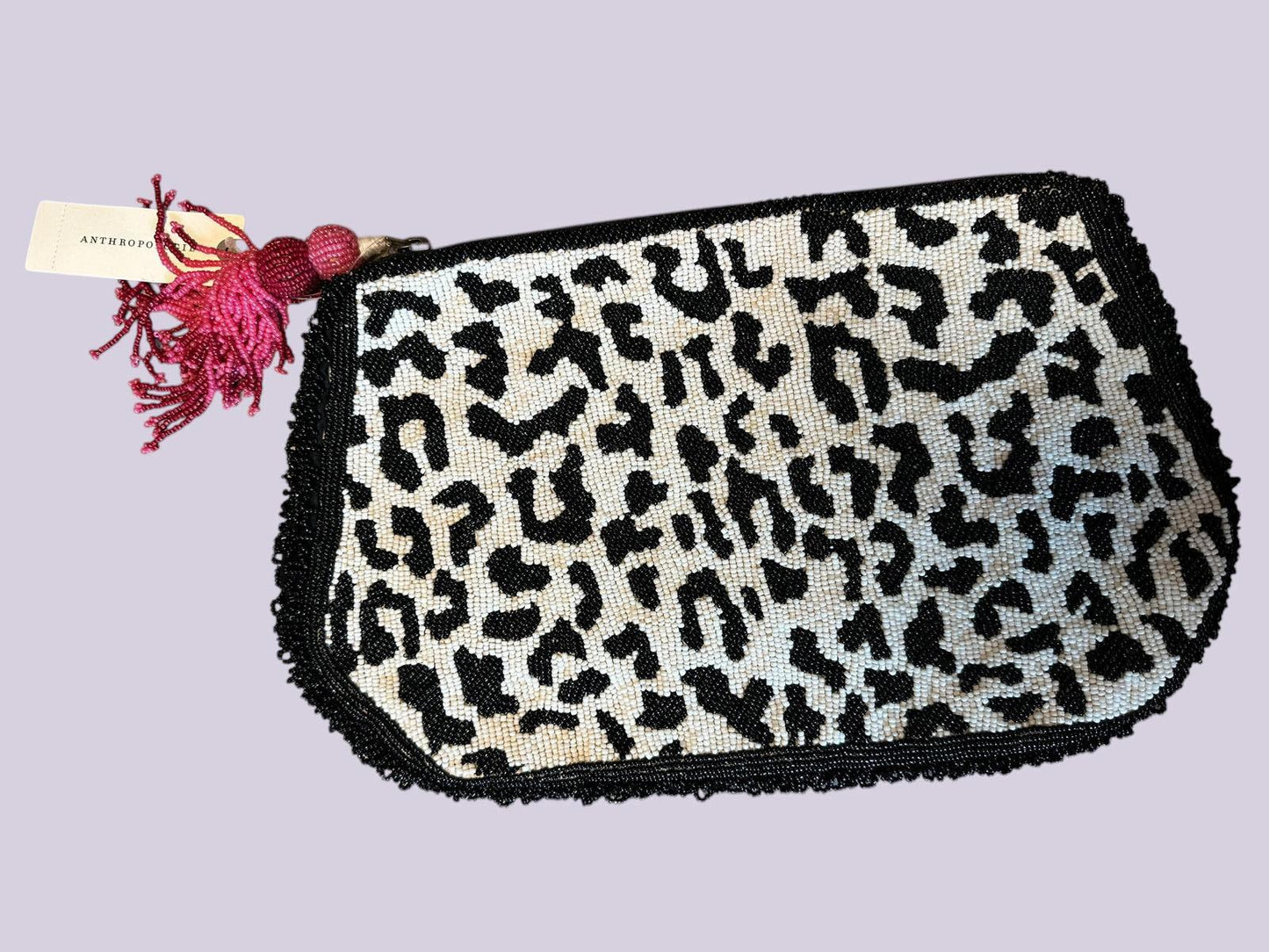 Anthropologie Beaded Leopard Print Pouch with Tassel