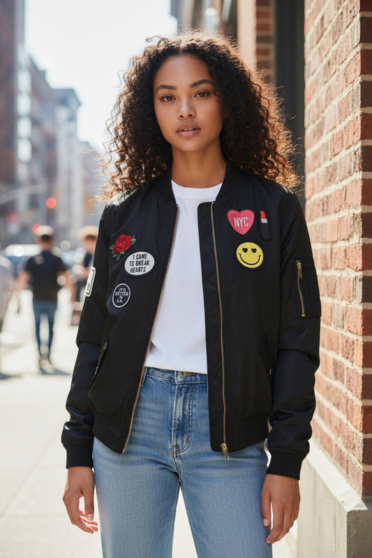 Express black bomber jacket with patches Women’s Large