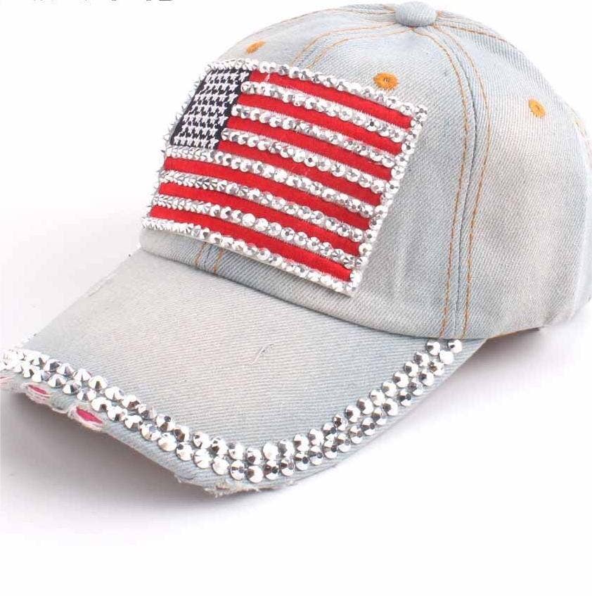 Fourth of July American flag rhinestones baseball cap: Mblue / M