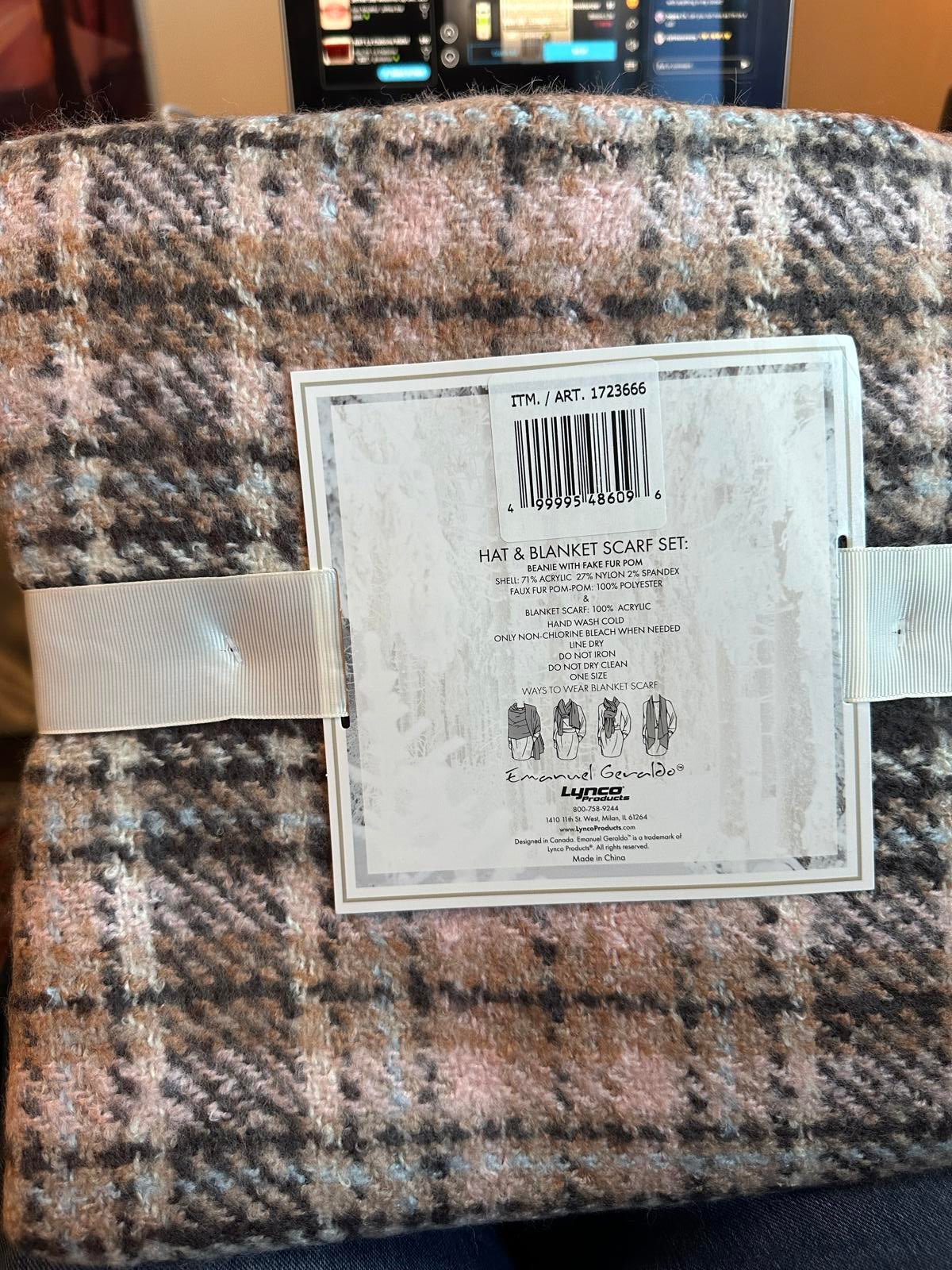 Hat & Blanket Scarf Set with Faux Fur Pom-Pom