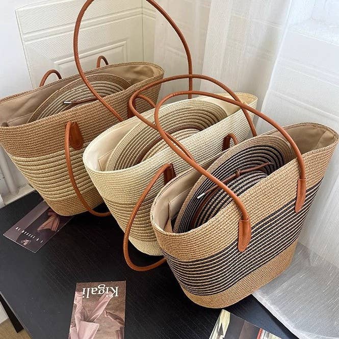 Beach Striped Straw Hat & Straw Tote Combo Set: B1 / M