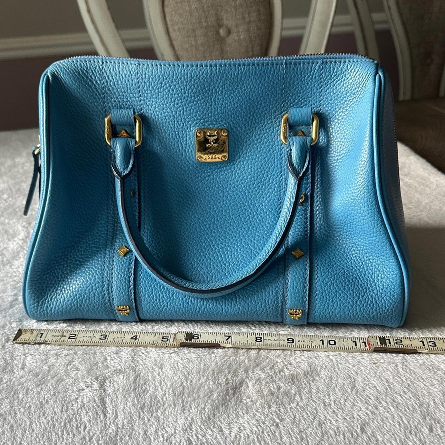 MCM Blue Leather Handbag with Gold Hardware