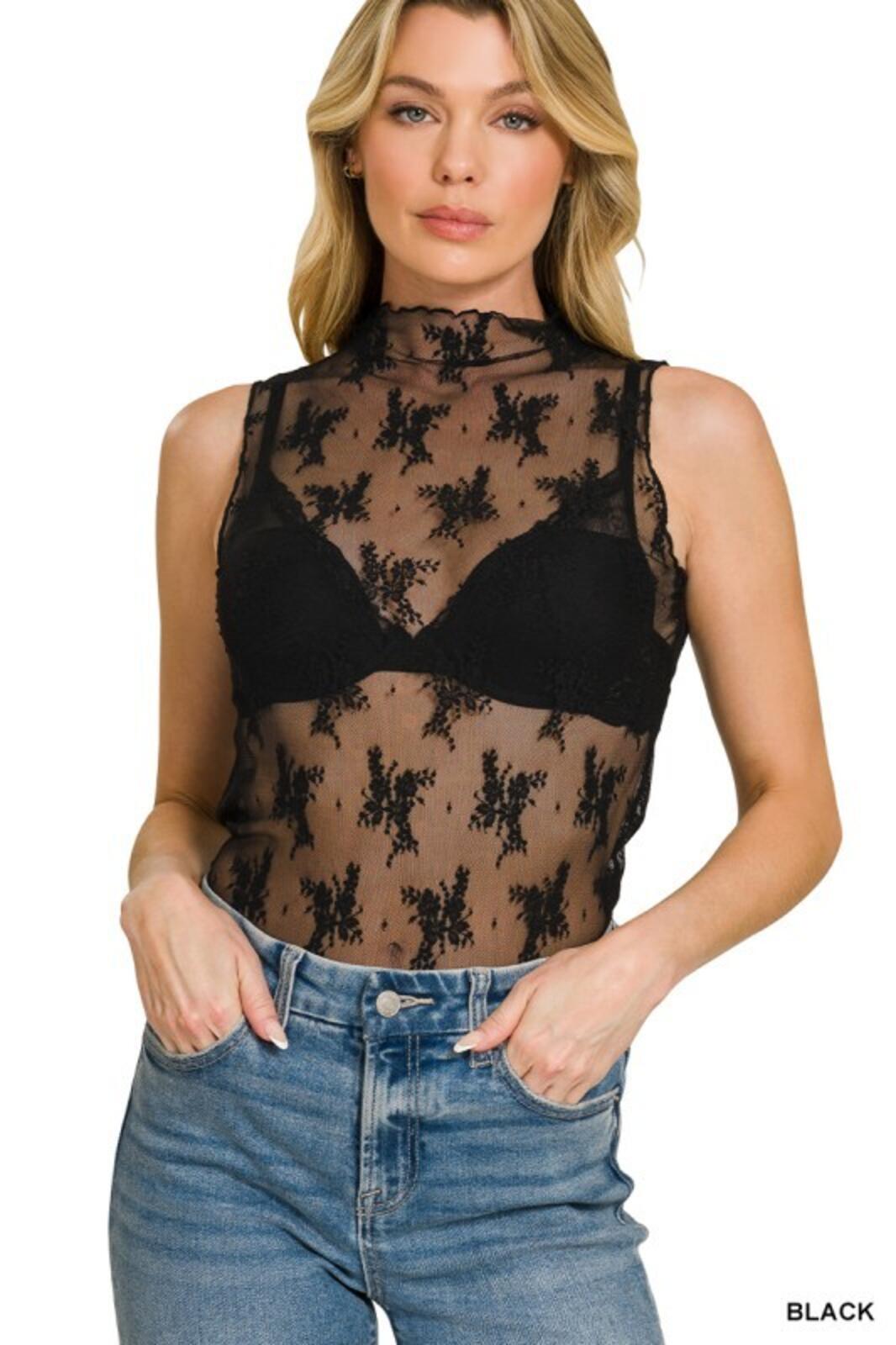 Black Sheer Floral Lace Sleeveless Top