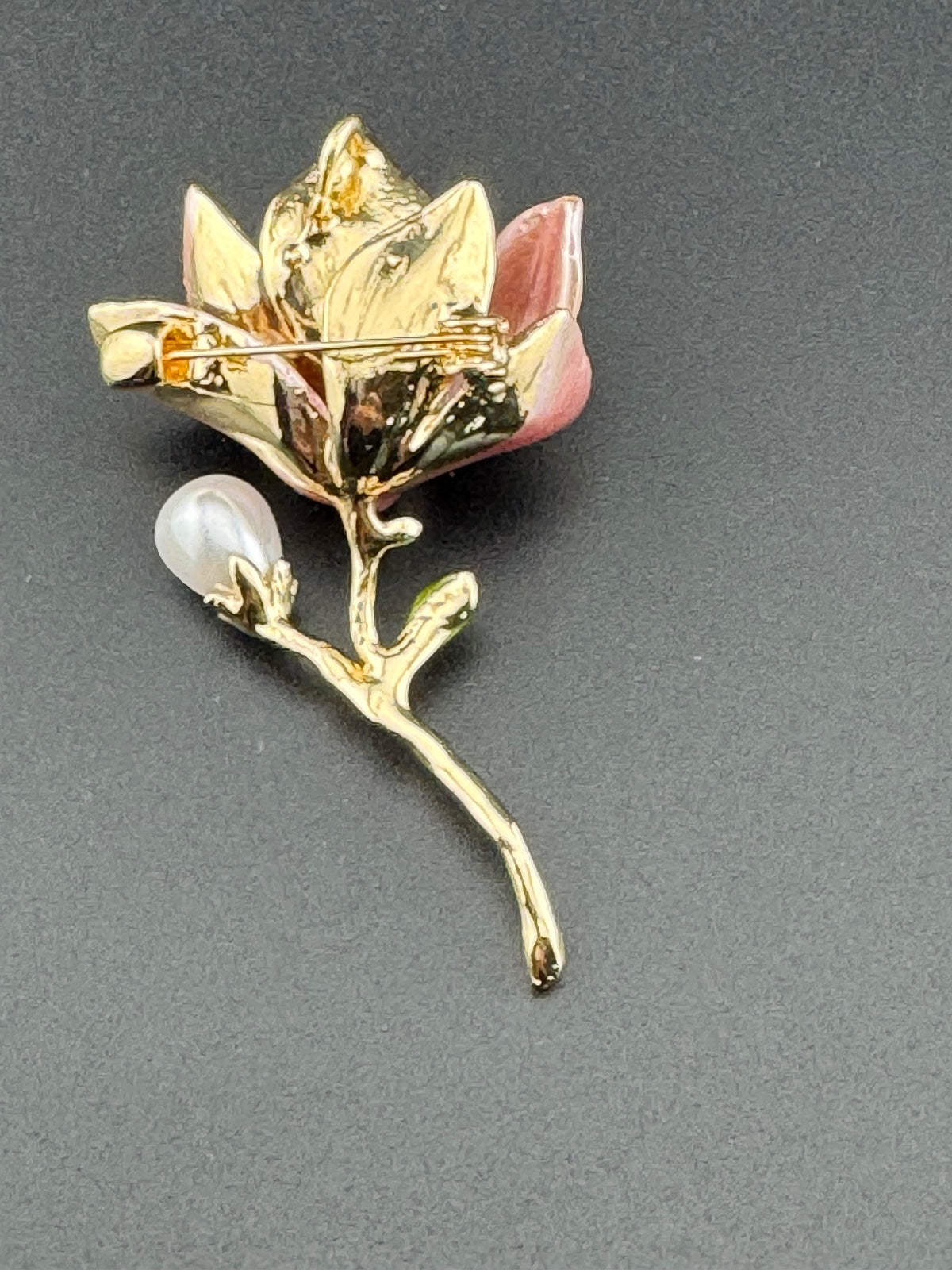 Elegant Pink Flower Brooch with Pearl Accent and Gold Stem