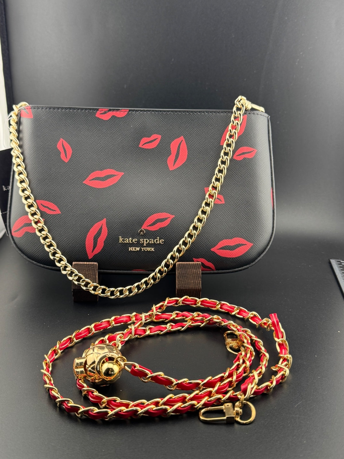 Kate Spade New York Black Leather Shoulder Bag with Red Lips