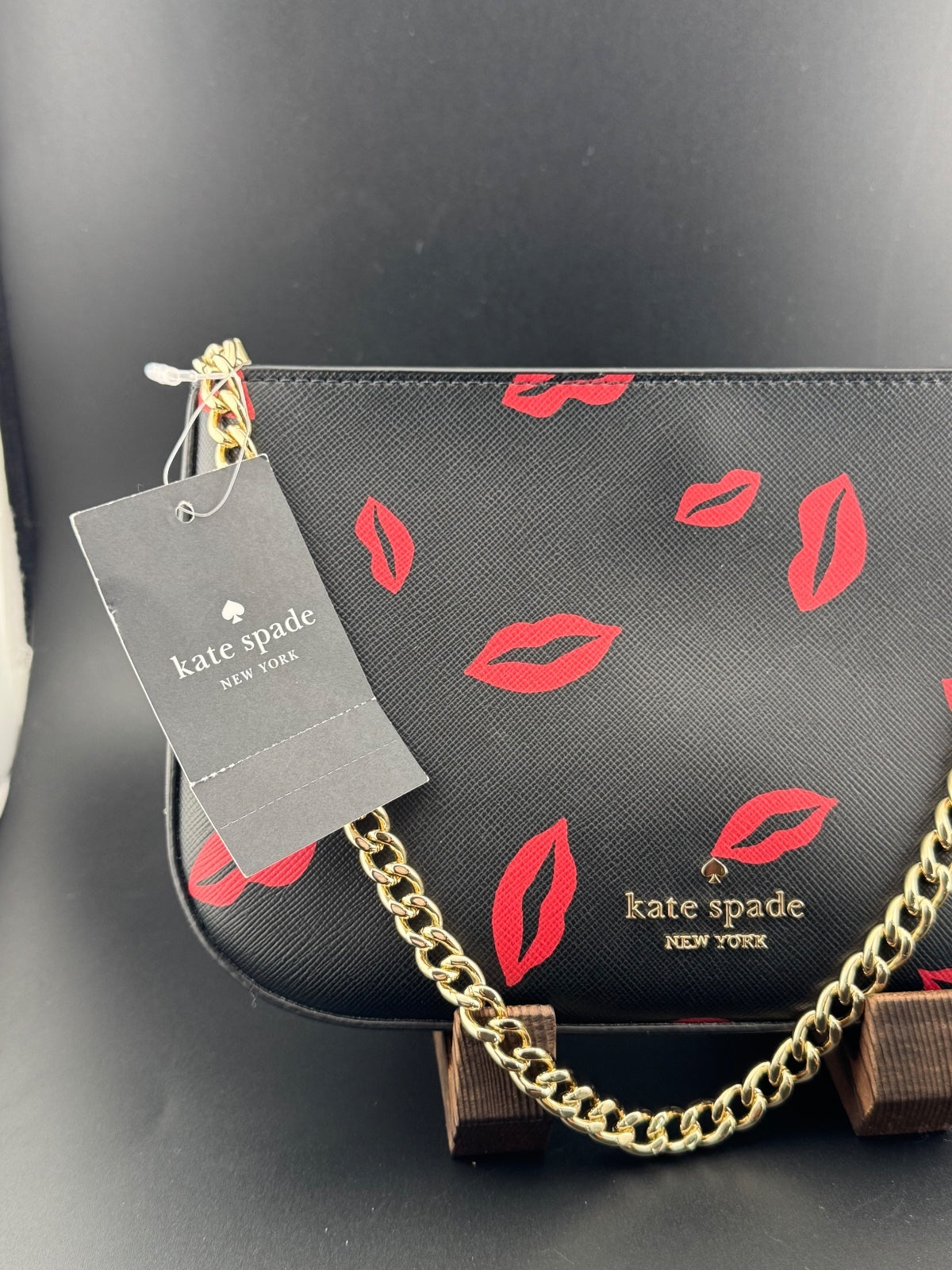 Kate Spade New York Black Leather Shoulder Bag with Red Lips