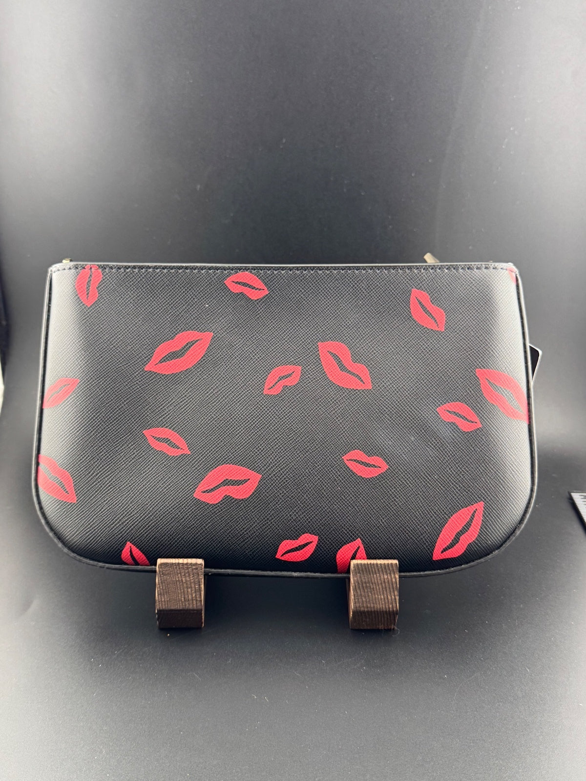 Kate Spade New York Black Leather Shoulder Bag with Red Lips