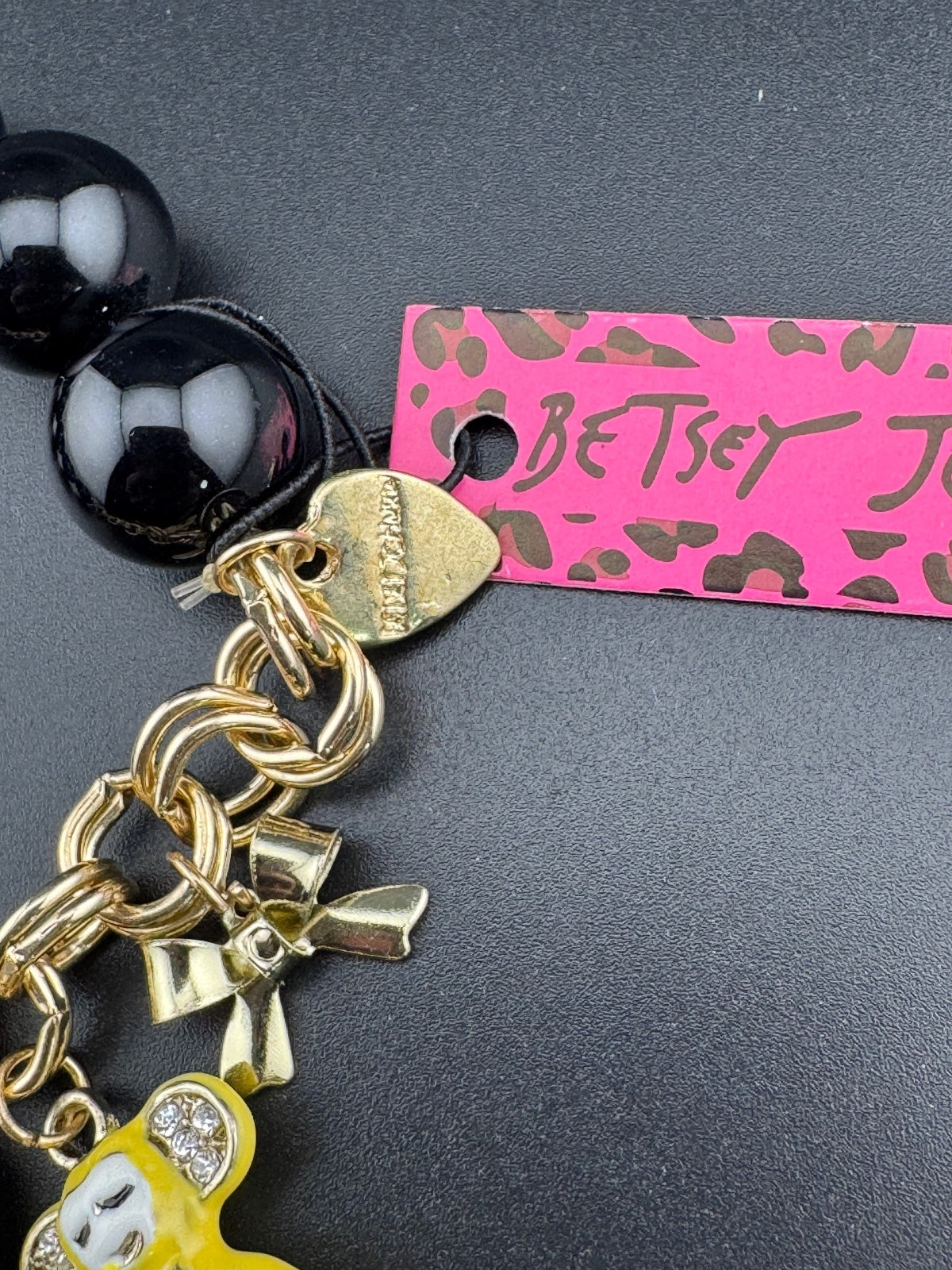 Betsey Johnson Black Beaded Charm Bracelet with Yellow Mouse