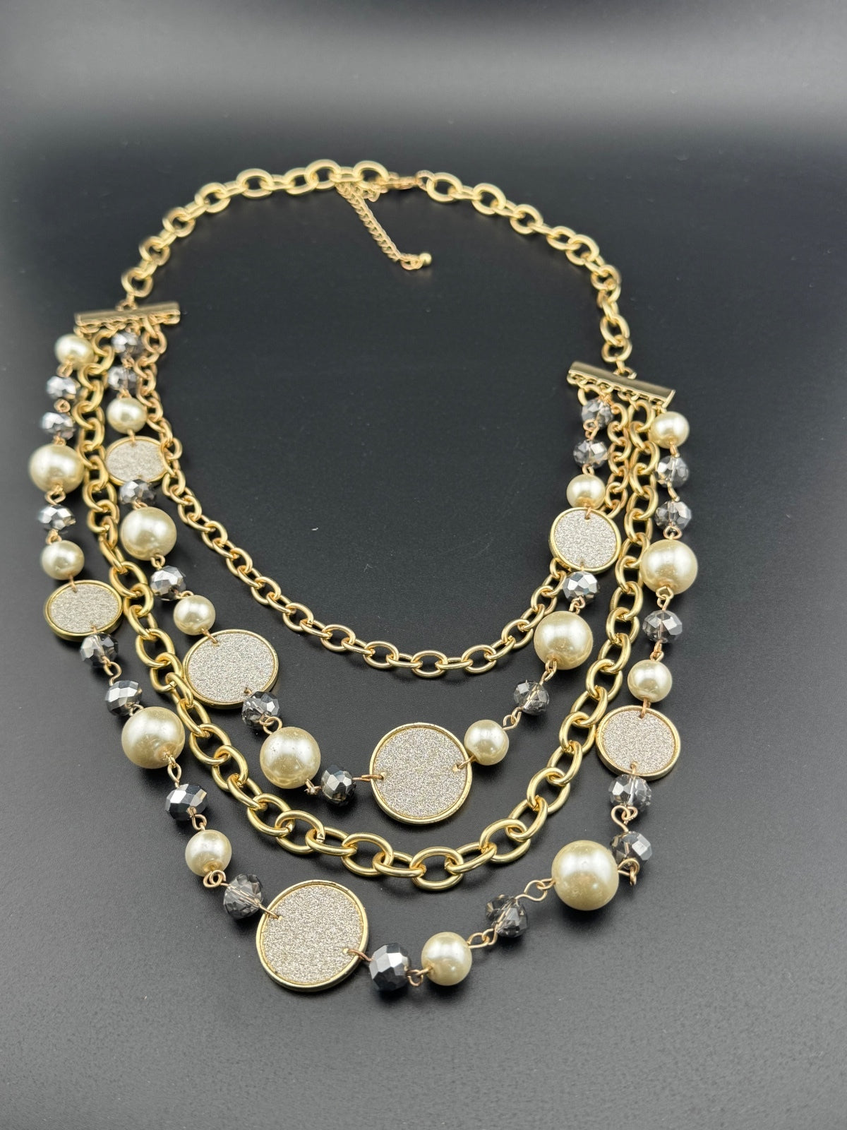 Multi-Strand Gold Tone Necklace with Pearl and Bead-