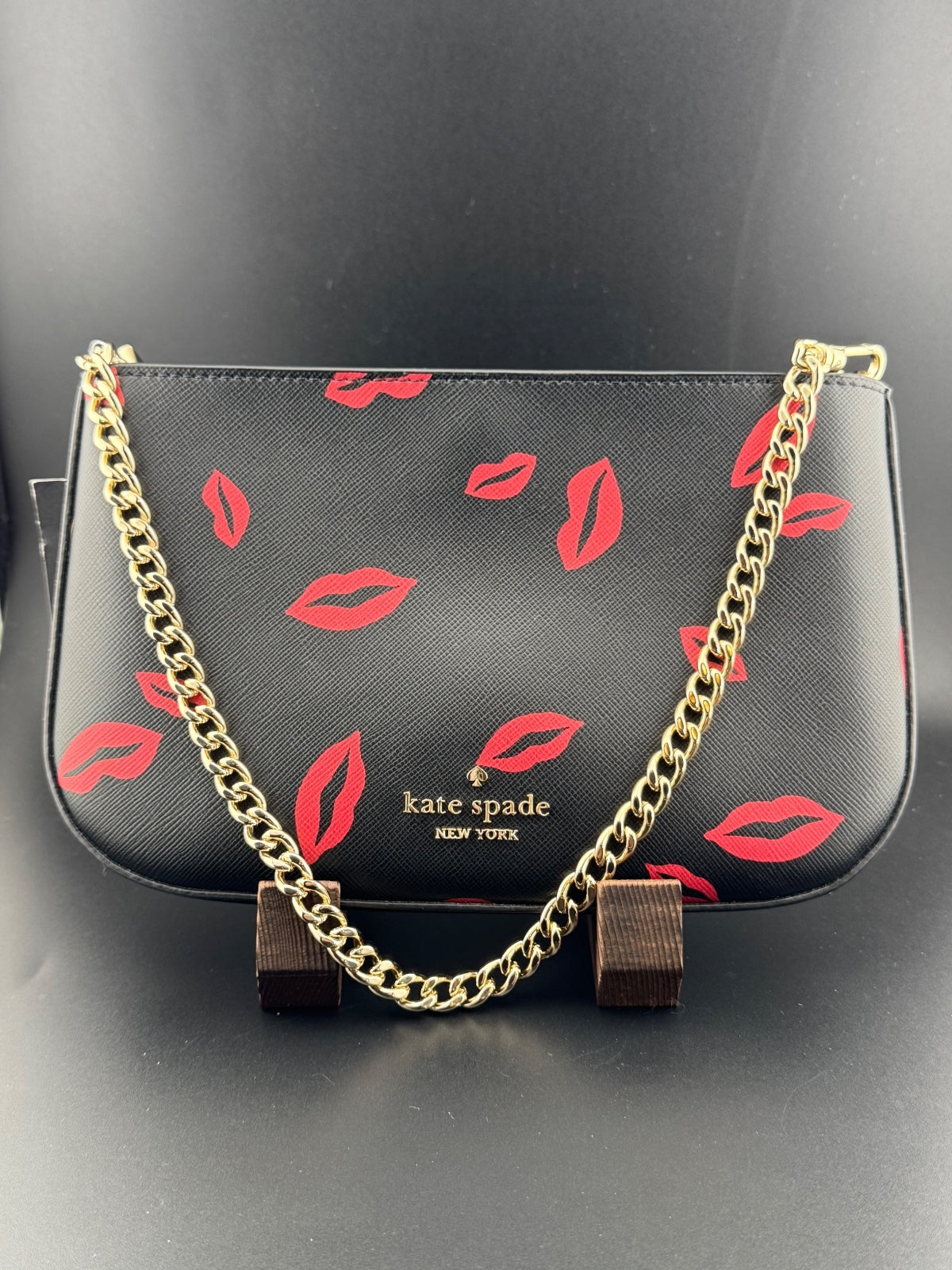 Kate Spade New York Black Leather Shoulder Bag with Red Lips